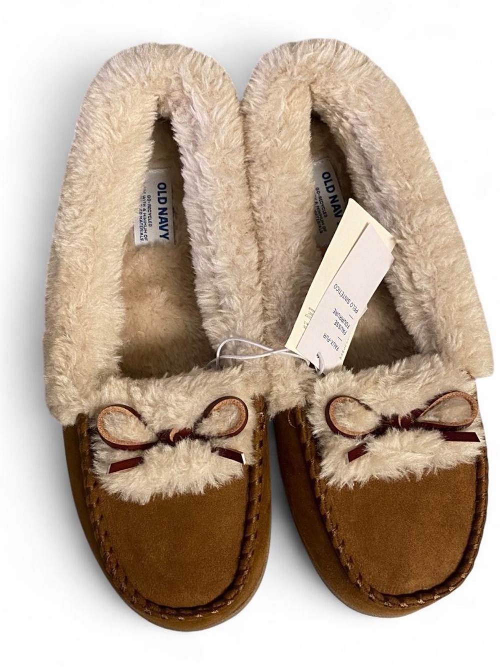 Old Navy Faux-Suede Moccasin Slippers in Chestnut with Cream Faux Fur